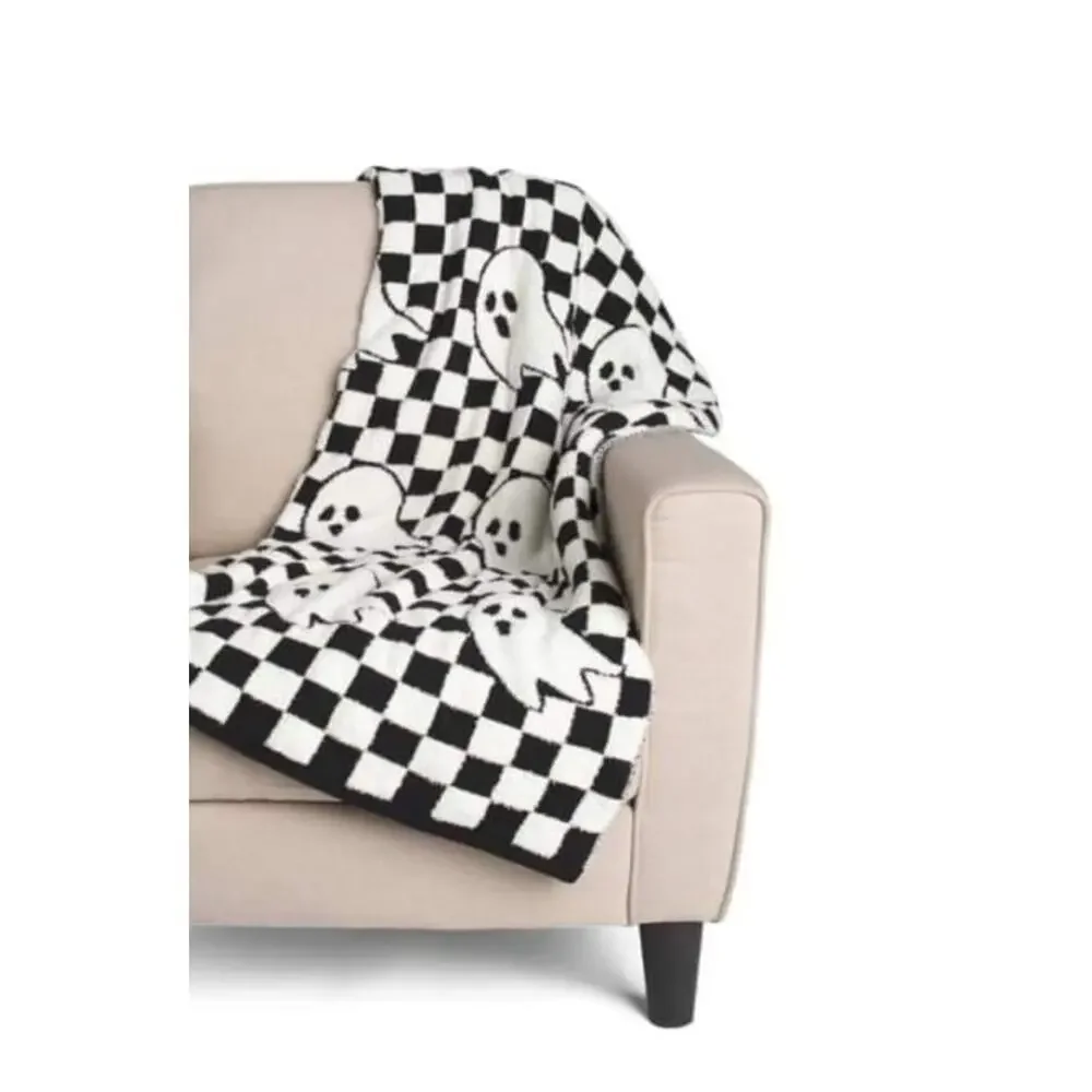 Spooky Night Checkerboard Ghost Throw Blanket Halloween Black Off White NEW